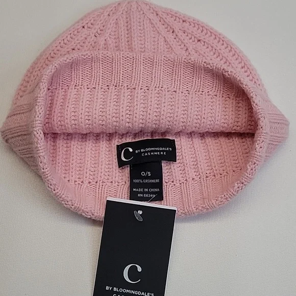 NWT C by Bloomingdale's Cashmere Ribbed Beanie Powder Pink One Size - Picture 9 of 12